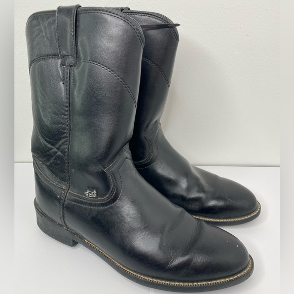 JUSTIN Western Cowboy Men's Black Leather Boots 9 Pictured AS IS - Picture 2 of 10